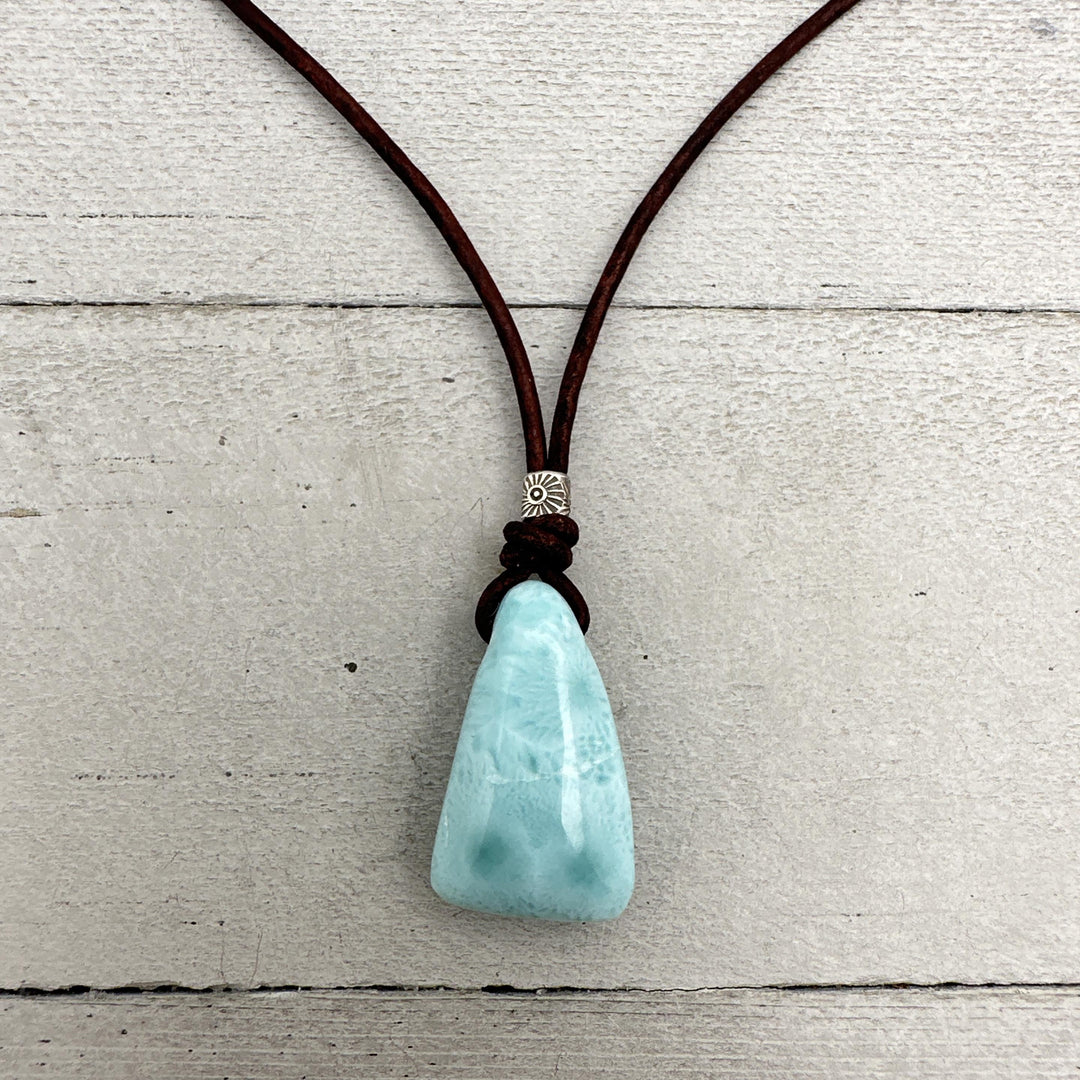 Larimar Crystal, Thai Hill Tribe Silver and Rustic Brown Leather Necklace - SunlightSilver