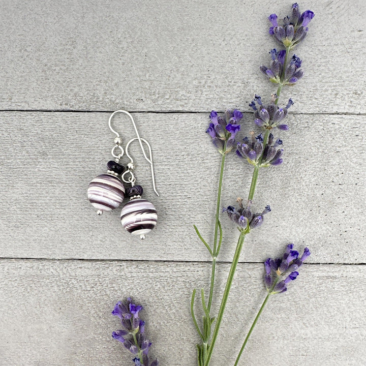 Purple and White Wampum Quahog Shell and Sterling Silver Earrings - SunlightSilver