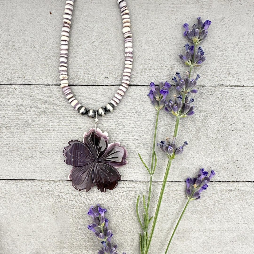 Purple Wampum Quahog Shell Flower, Beads, and Navajo Pearls Necklace - SunlightSilver