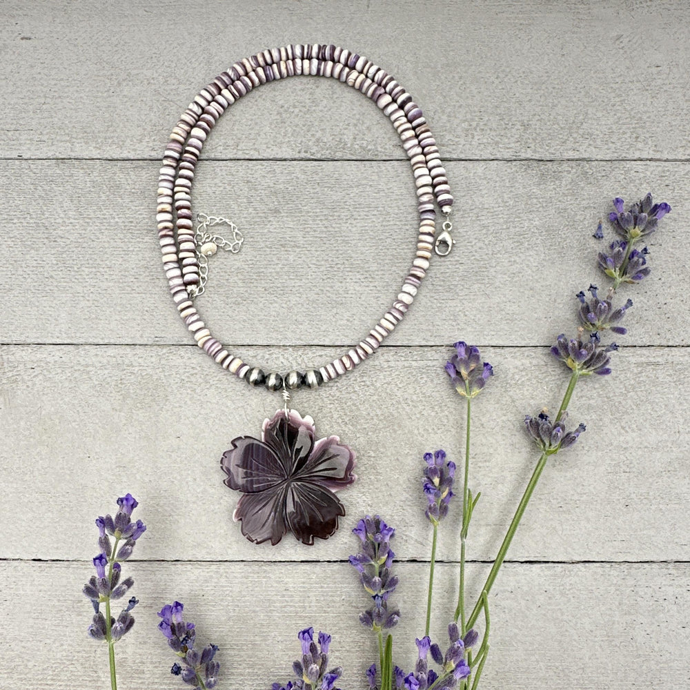 Purple Wampum Quahog Shell Flower, Beads, and Navajo Pearls Necklace - SunlightSilver