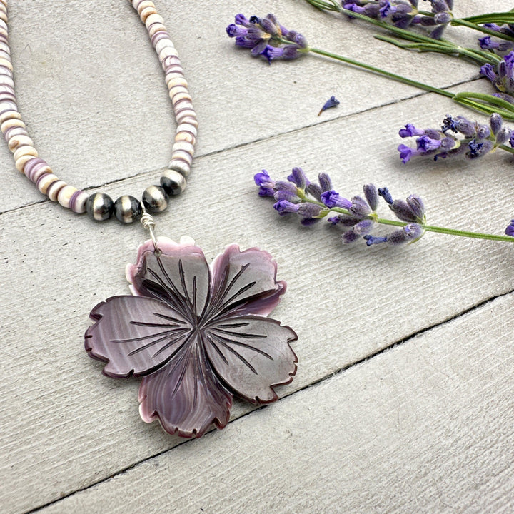 Purple Wampum Quahog Shell Flower, Beads, and Navajo Pearls Necklace - SunlightSilver