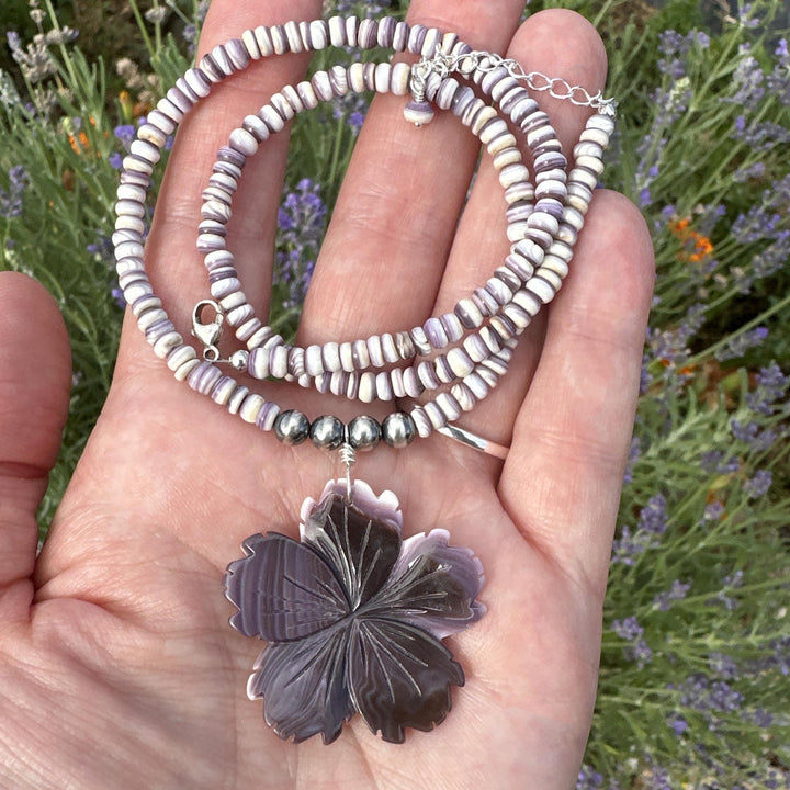 Purple Wampum Quahog Shell Flower, Beads, and Navajo Pearls Necklace - SunlightSilver