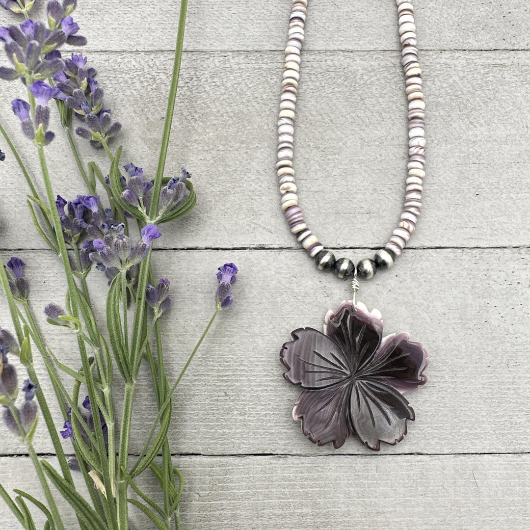 Purple Wampum Quahog Shell Flower, Beads, and Navajo Pearls Necklace - SunlightSilver