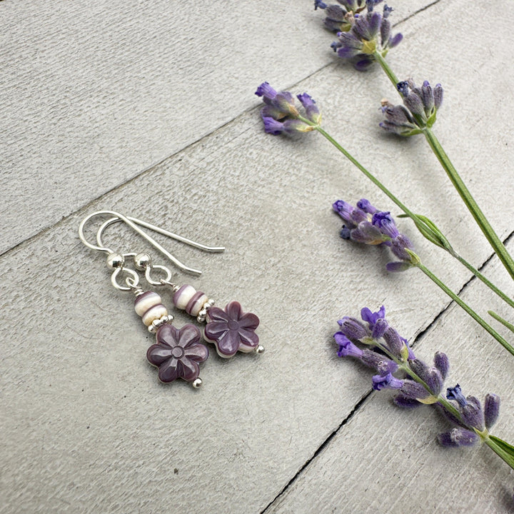 Purple and White Wampum Quahog Shell Flower and Sterling Silver Earrings - SunlightSilver