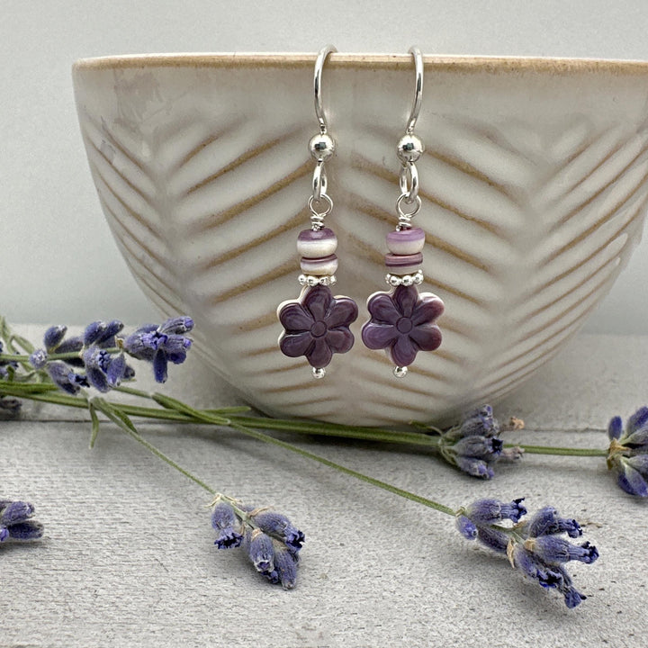 Purple and White Wampum Quahog Shell Flower and Sterling Silver Earrings - SunlightSilver