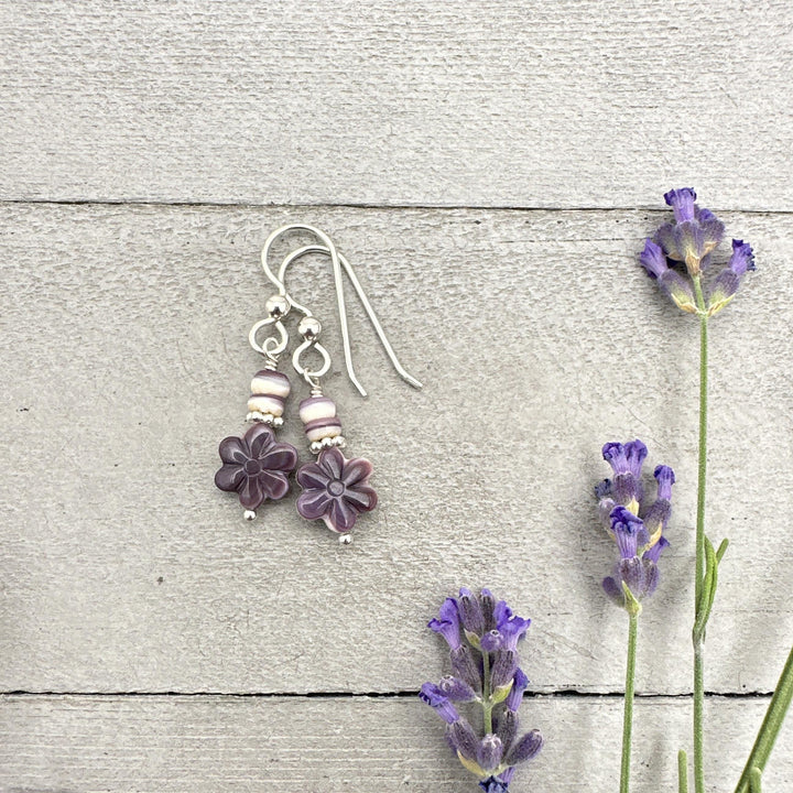 Purple and White Wampum Quahog Shell Flower and Sterling Silver Earrings - SunlightSilver