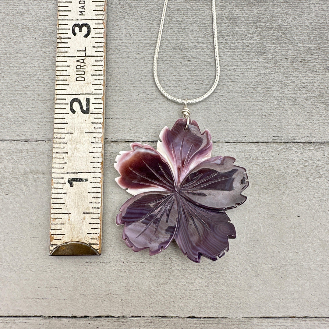 Purple Wampum Quahog Shell Flower Pendant and Sterling Silver Necklace - SunlightSilver