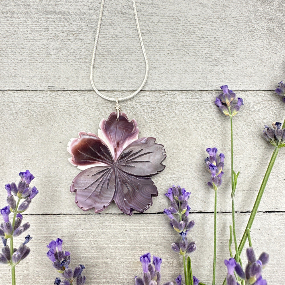 Purple Wampum Quahog Shell Flower Pendant and Sterling Silver Necklace - SunlightSilver