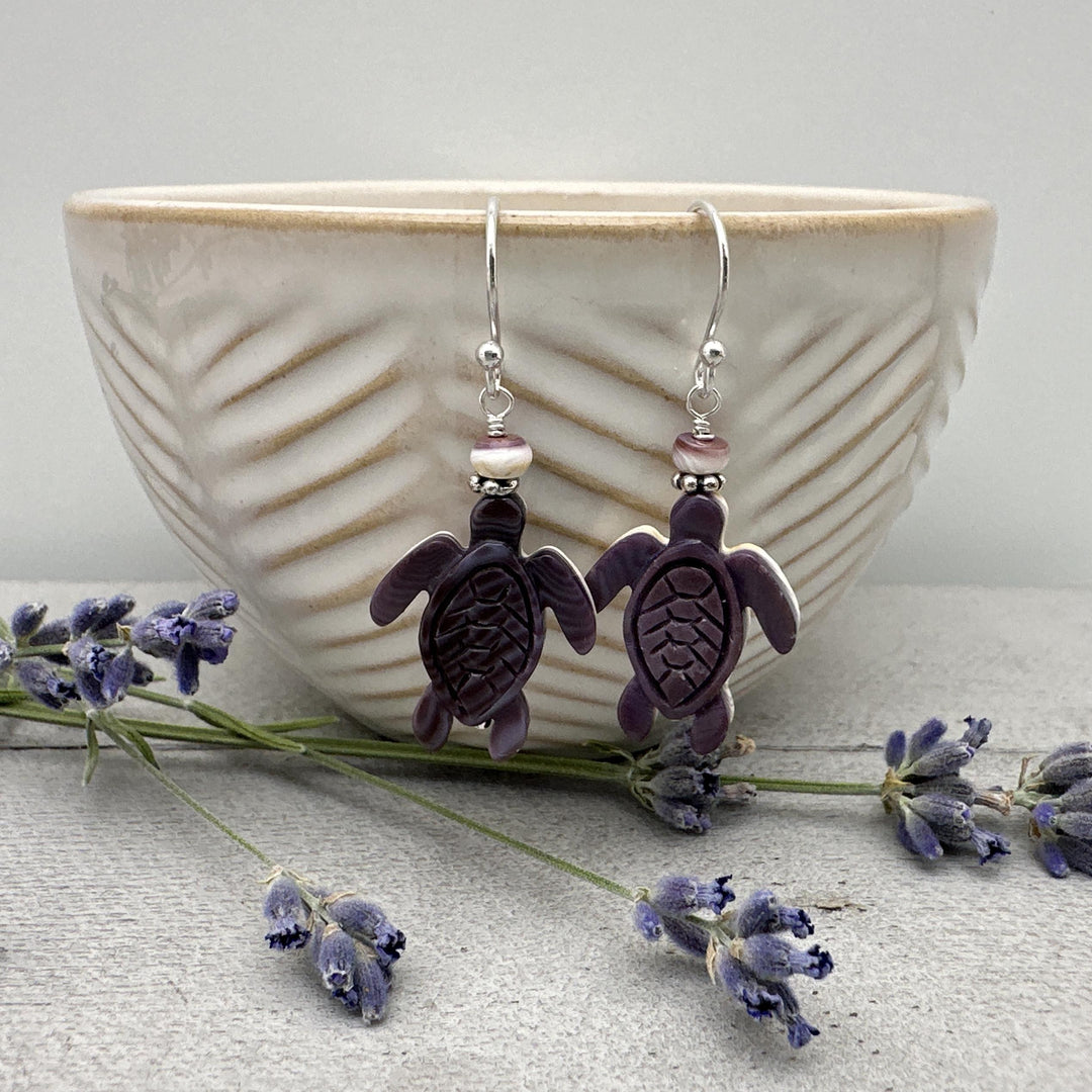 Purple and White Wampum Quahog Shell Sea Turtle and Sterling Silver Earrings - SunlightSilver