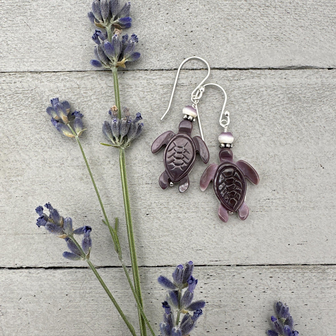 Purple and White Wampum Quahog Shell Sea Turtle and Sterling Silver Earrings - SunlightSilver