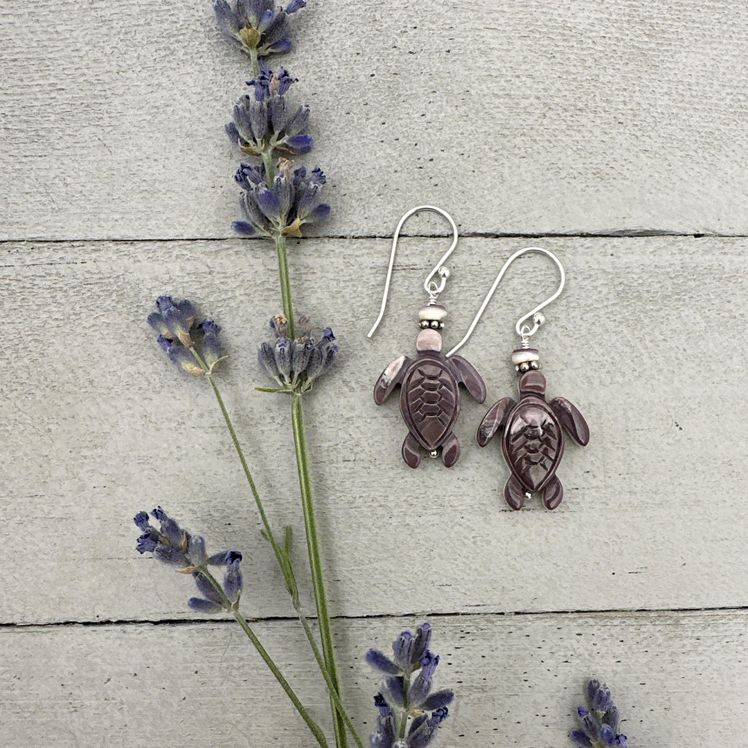 Purple and White Wampum Quahog Shell Sea Turtle and Sterling Silver Earrings - SunlightSilver