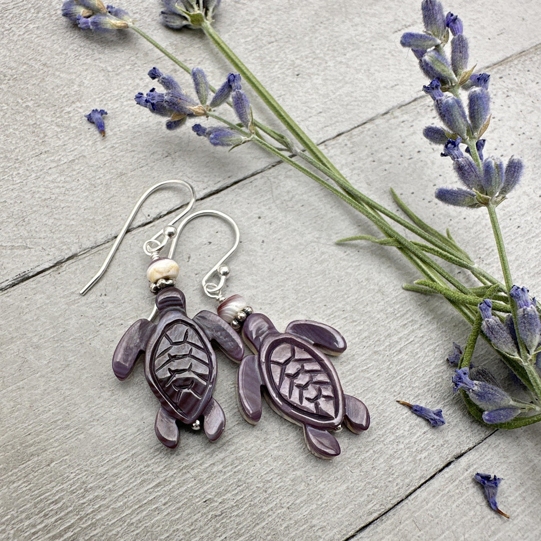 Purple and White Wampum Quahog Shell Sea Turtle and Sterling Silver Earrings - SunlightSilver