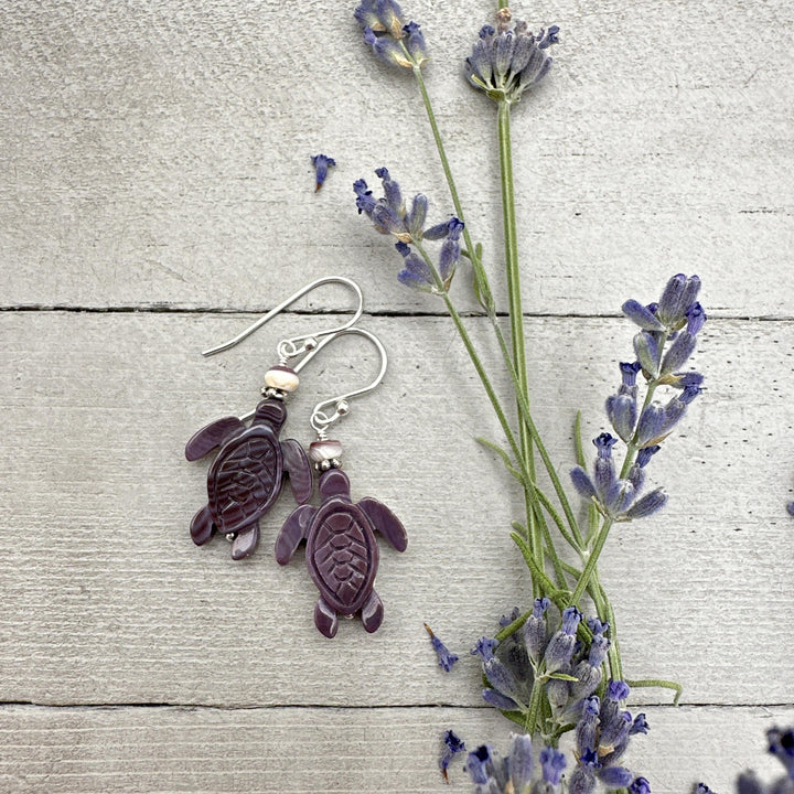 Purple and White Wampum Quahog Shell Sea Turtle and Sterling Silver Earrings - SunlightSilver