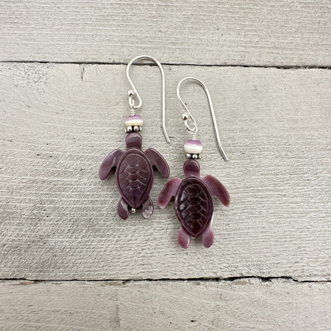 Purple and White Wampum Quahog Shell Sea Turtle and Sterling Silver Earrings - SunlightSilver