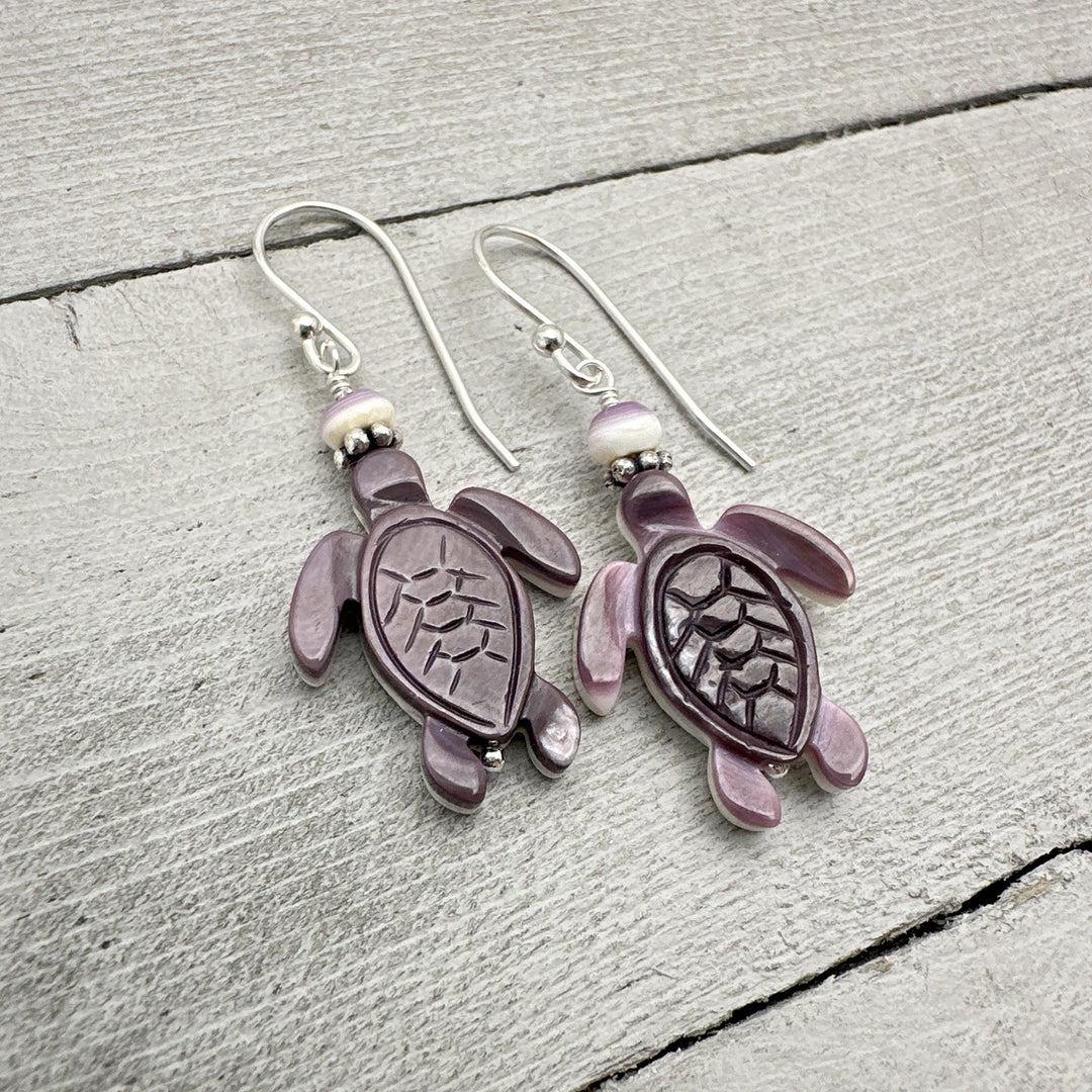 Purple and White Wampum Quahog Shell Sea Turtle and Sterling Silver Earrings - SunlightSilver