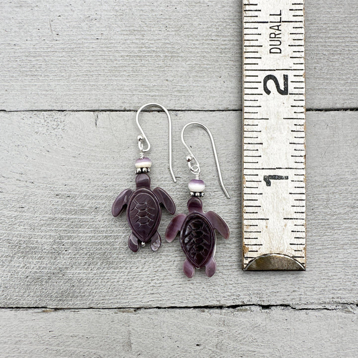 Purple and White Wampum Quahog Shell Sea Turtle and Sterling Silver Earrings - SunlightSilver