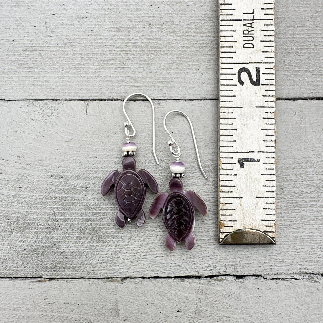 Purple and White Wampum Quahog Shell Sea Turtle and Sterling Silver Earrings - SunlightSilver