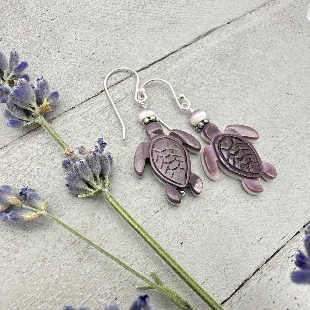 Purple and White Wampum Quahog Shell Sea Turtle and Sterling Silver Earrings - SunlightSilver