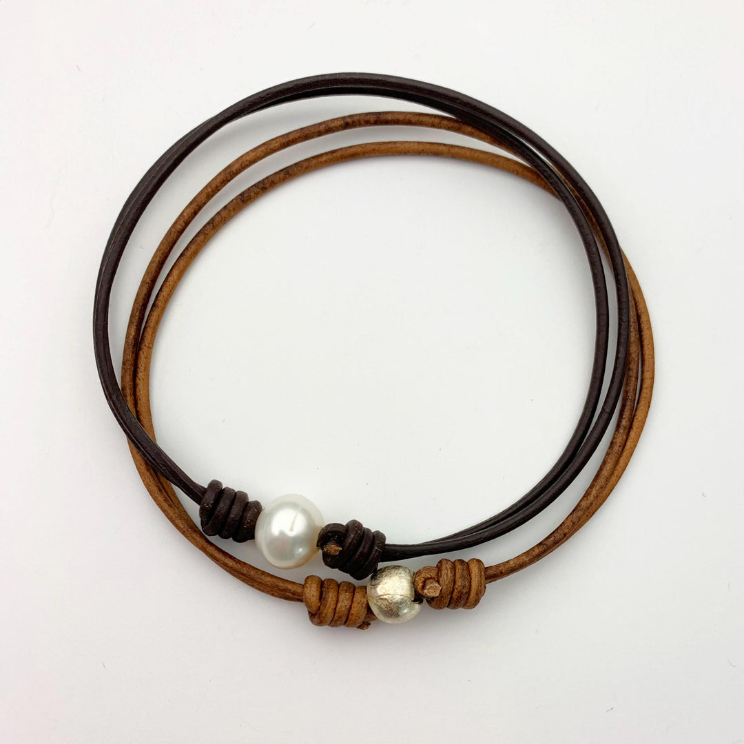 Black Leather and Pearl Anklet or Bracelet - SunlightSilver