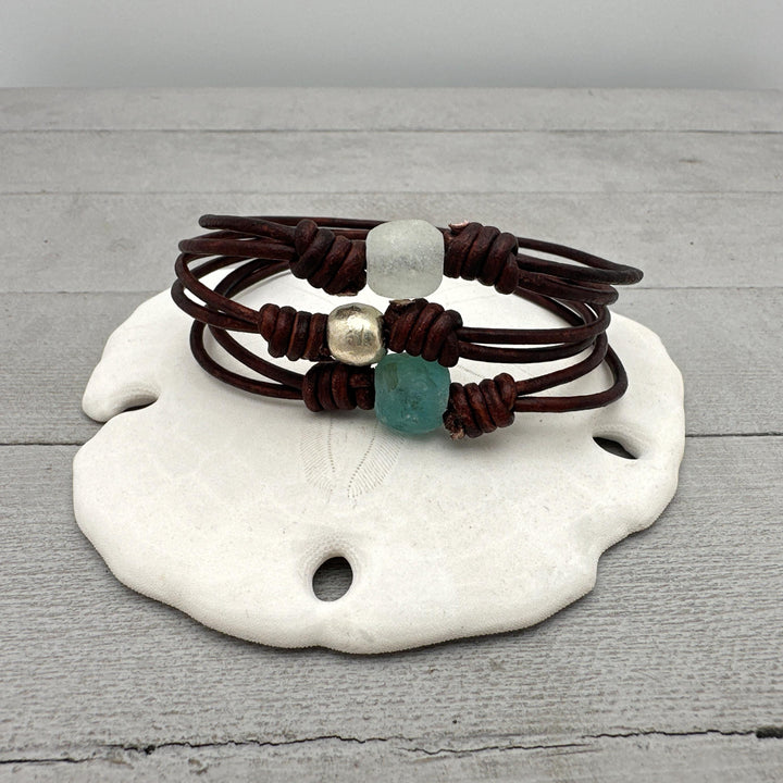 African Recycled Glass and Antiqued Rustic Leather Anklet / Bracelet - SunlightSilver