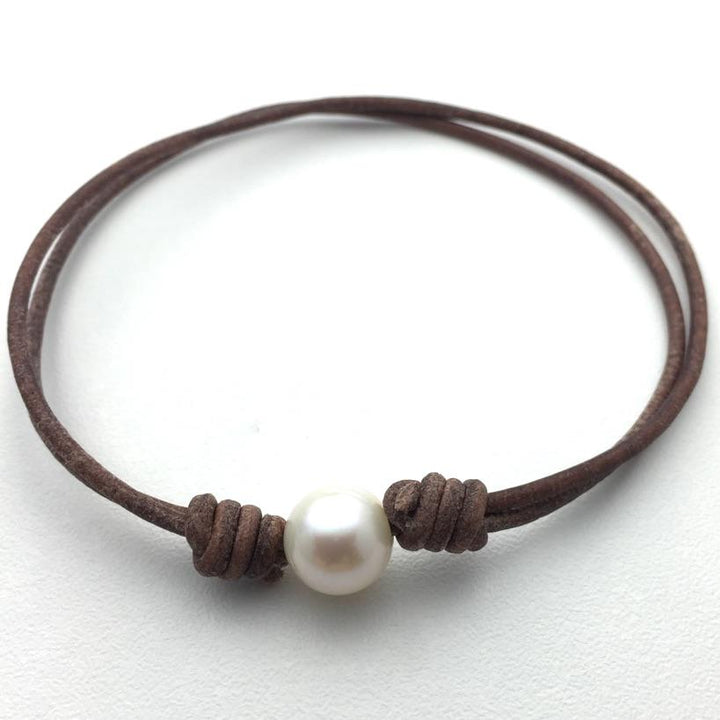 White Freshwater Pearl and Rustic Brown Leather Anklet / Bracelet - SunlightSilver