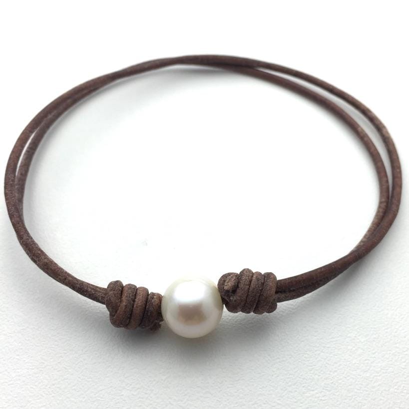 White Pearl and Rustic Brown Leather Anklet / Bracelet - SunlightSilver