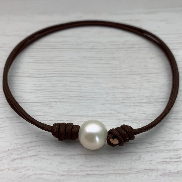 White Freshwater Pearl and Rustic Brown Leather Anklet / Bracelet - SunlightSilver