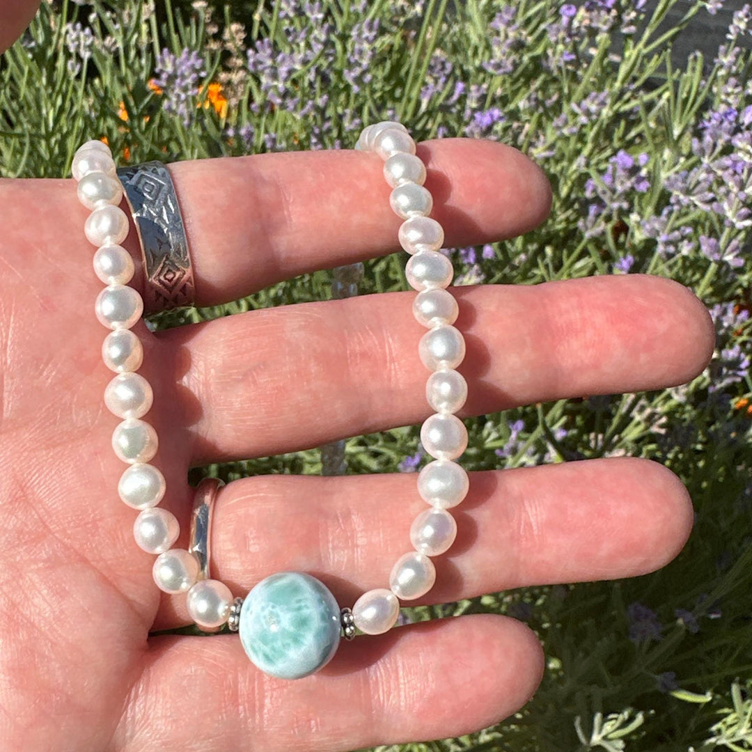 Larimar, Freshwater Pearl and Sterling Silver Necklace - SunlightSilver