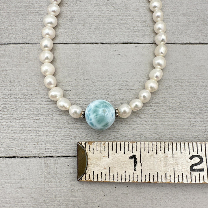 Larimar, Freshwater Pearl and Sterling Silver Necklace - SunlightSilver