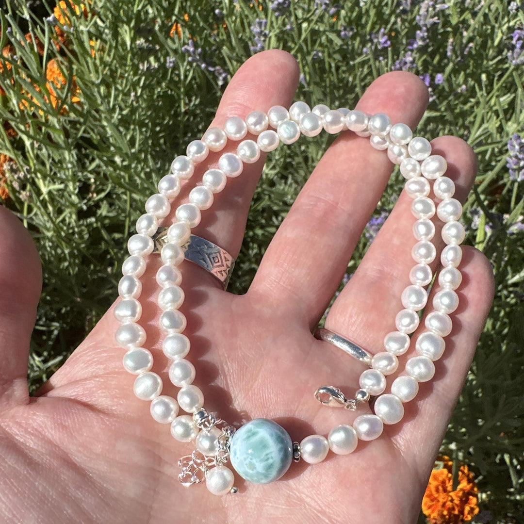 Larimar, Freshwater Pearl and Sterling Silver Necklace - SunlightSilver