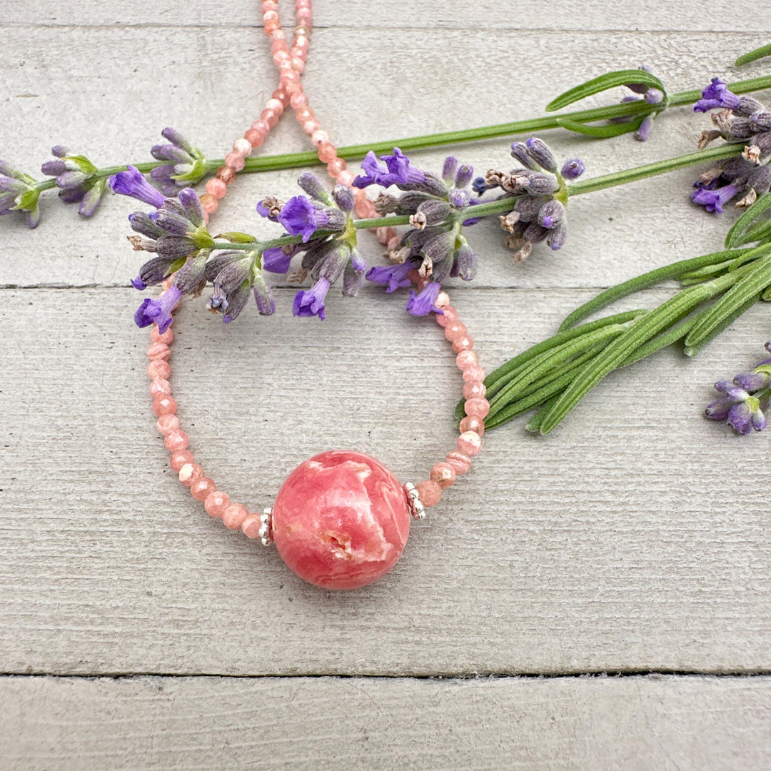 Faceted Pink Rhodochrosite and Sterling Silver Necklace - SunlightSilver