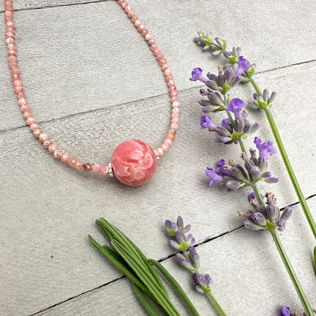 Faceted Pink Rhodochrosite and Sterling Silver Necklace - SunlightSilver