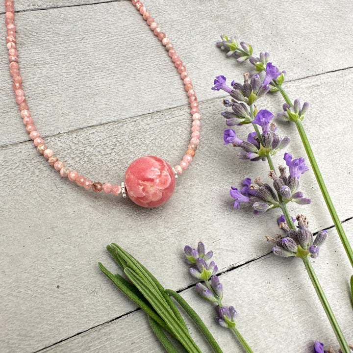 Faceted Pink Rhodochrosite and Sterling Silver Necklace - SunlightSilver