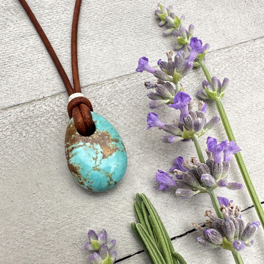 Blue Kingman Turquoise Rustic Brown Leather Necklace - SunlightSilver