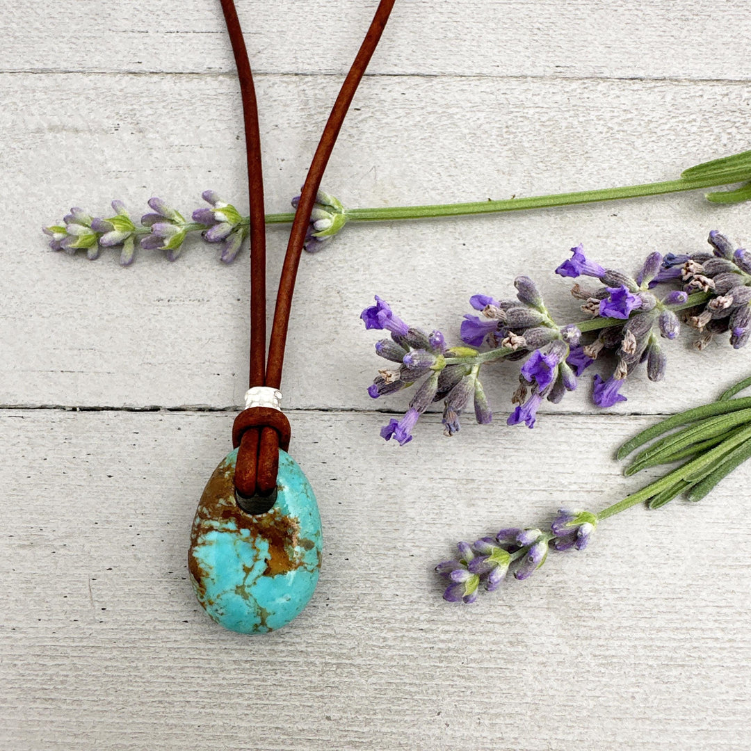 Blue Kingman Turquoise Rustic Brown Leather Necklace - SunlightSilver