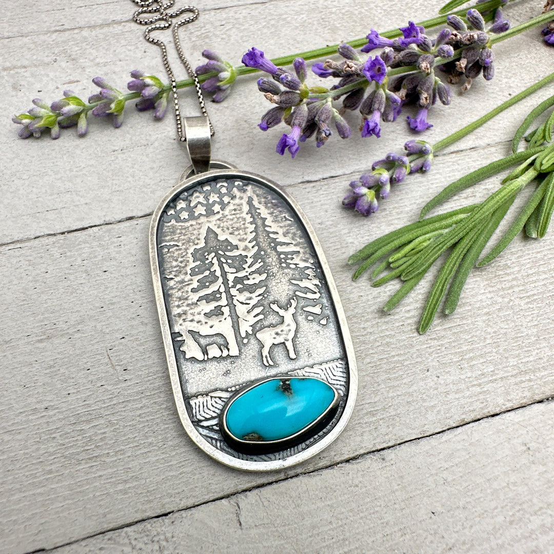 Kingman Turquoise and Sterling Silver Mountain Scene, Deer, Wolf, Trees, Stars Pendant Necklace - SunlightSilver