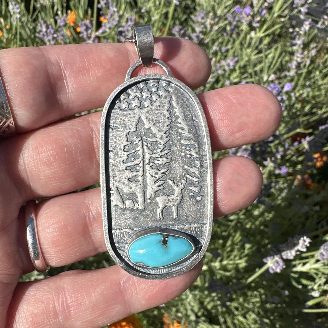 Kingman Turquoise and Sterling Silver Mountain Scene, Deer, Wolf, Trees, Stars Pendant Necklace - SunlightSilver