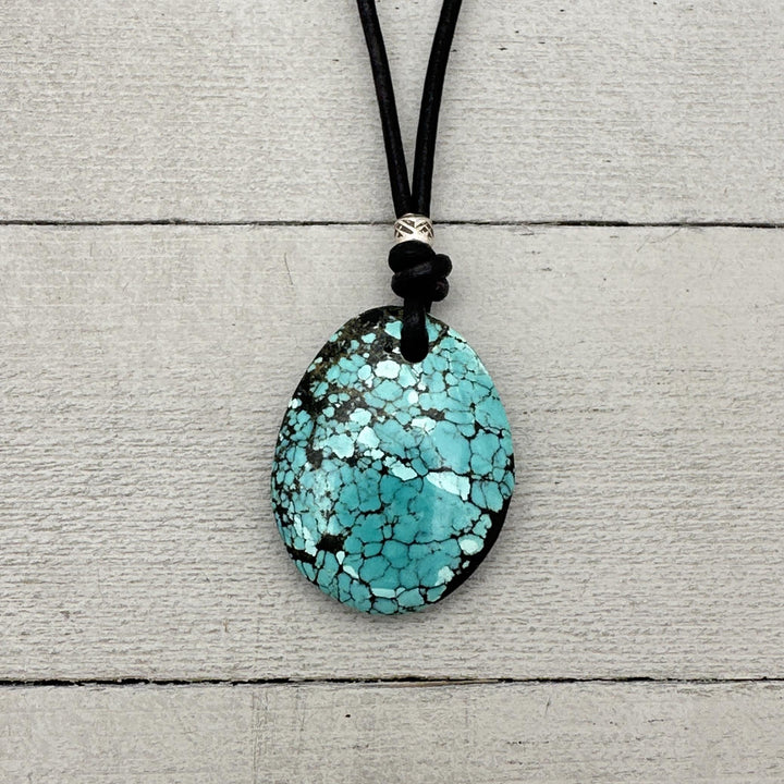 Blue Turquoise, Sterling Silver, and Black Leather Necklace - SunlightSilver