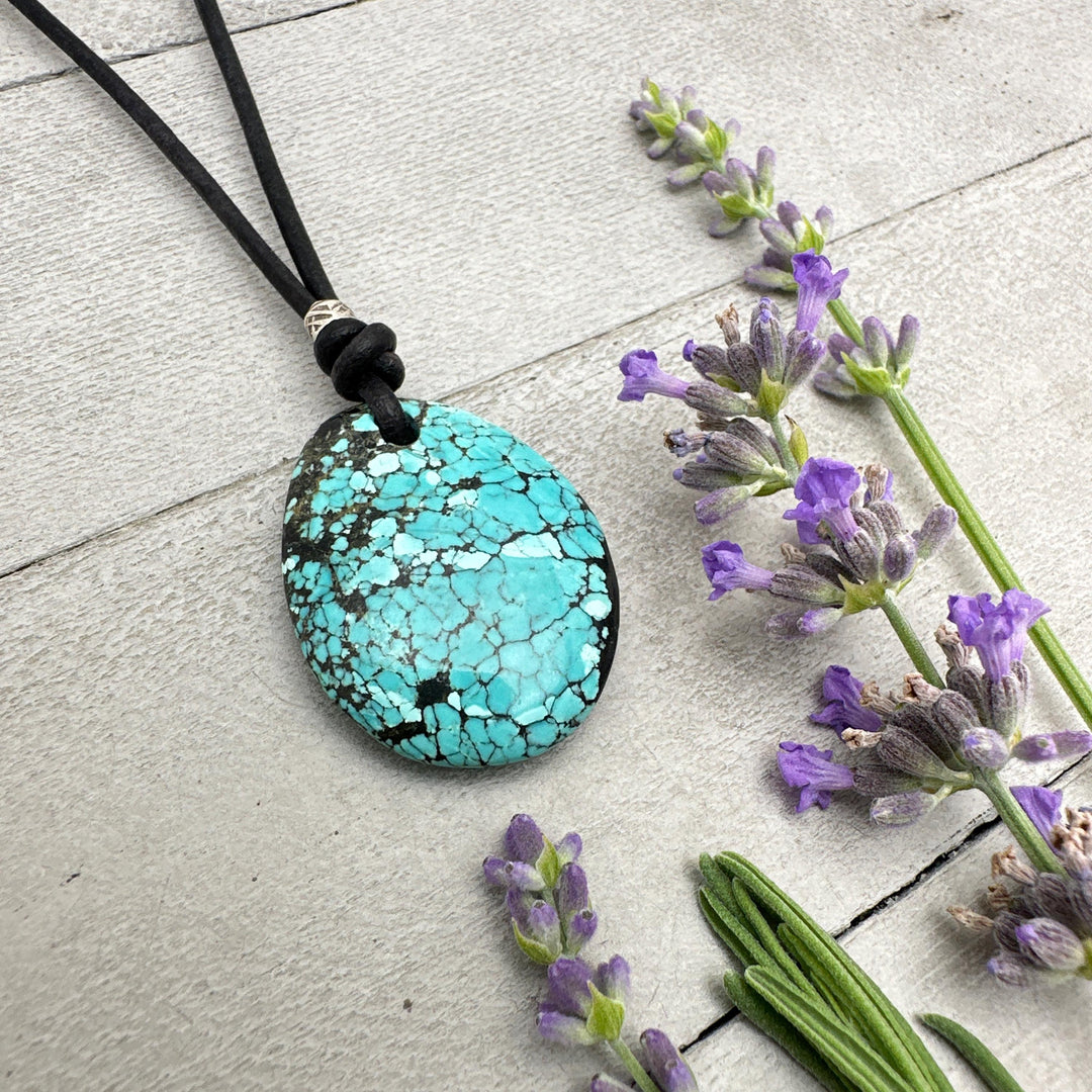 Blue Turquoise, Sterling Silver, and Black Leather Necklace - SunlightSilver