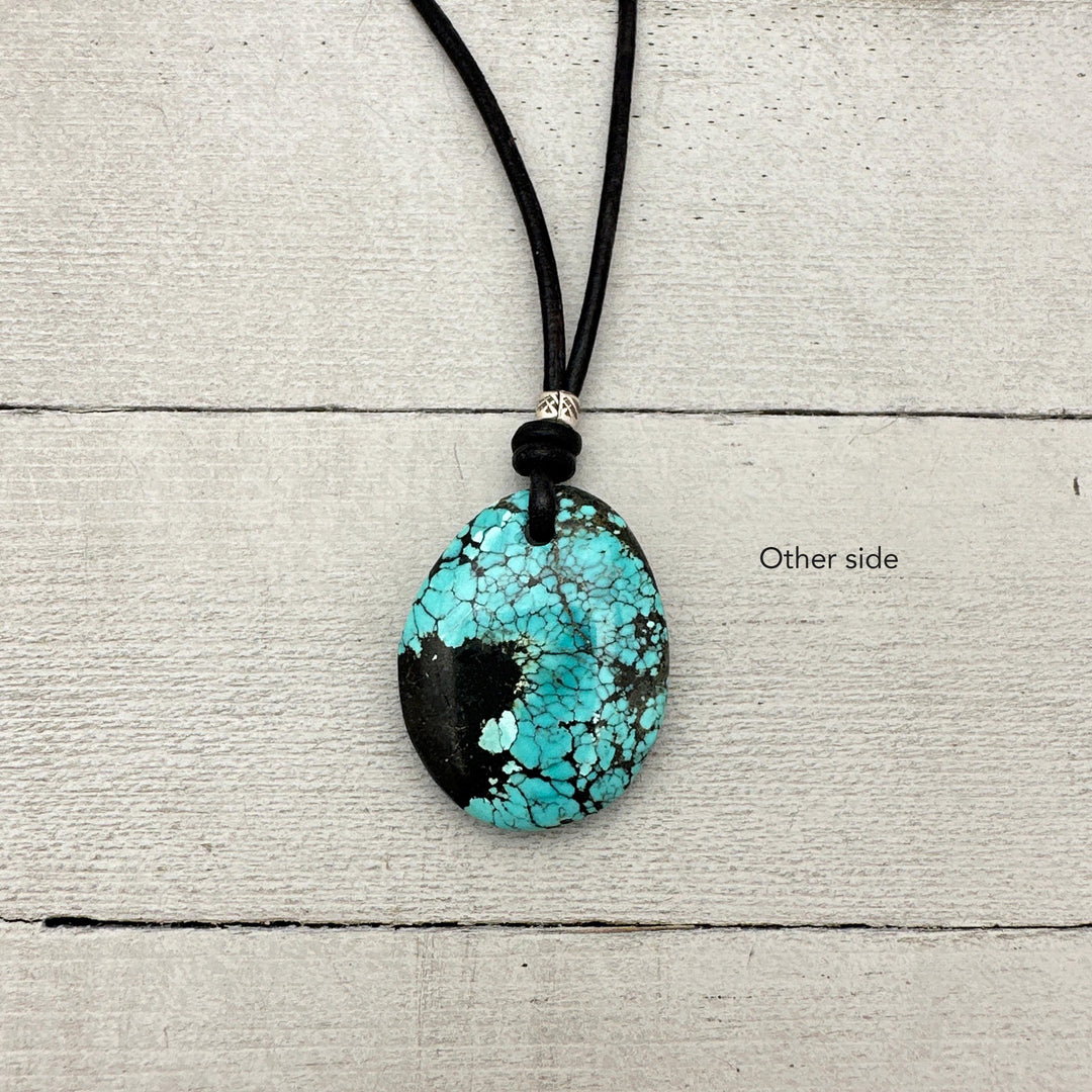 Blue Turquoise, Sterling Silver, and Black Leather Necklace - SunlightSilver