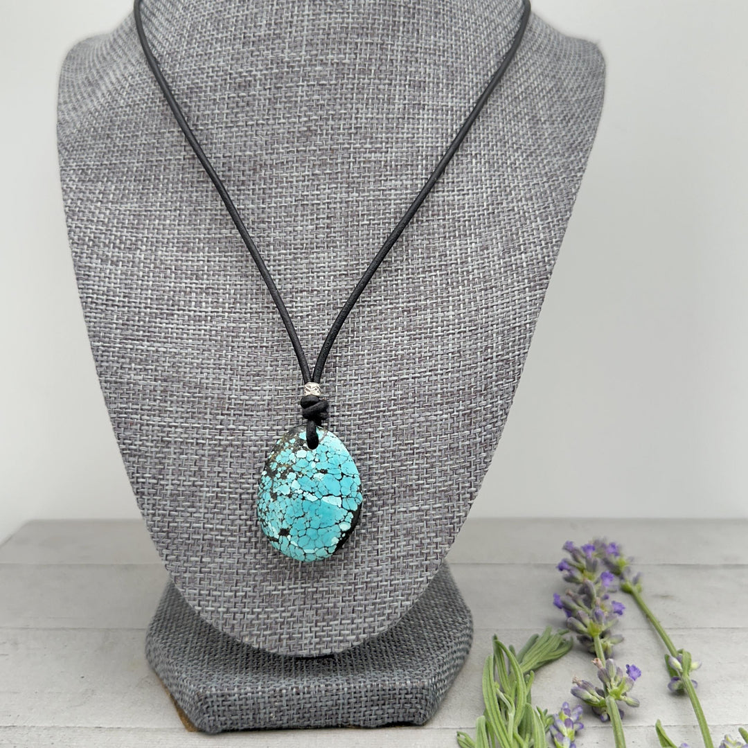 Blue Turquoise, Sterling Silver, and Black Leather Necklace - SunlightSilver