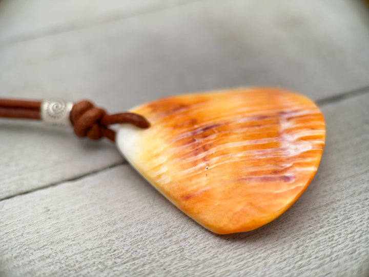 Beautiful Orange-Cream Spiny Oyster Shell, Thai Hill Tribe Silver and Leather Necklace - SunlightSilver