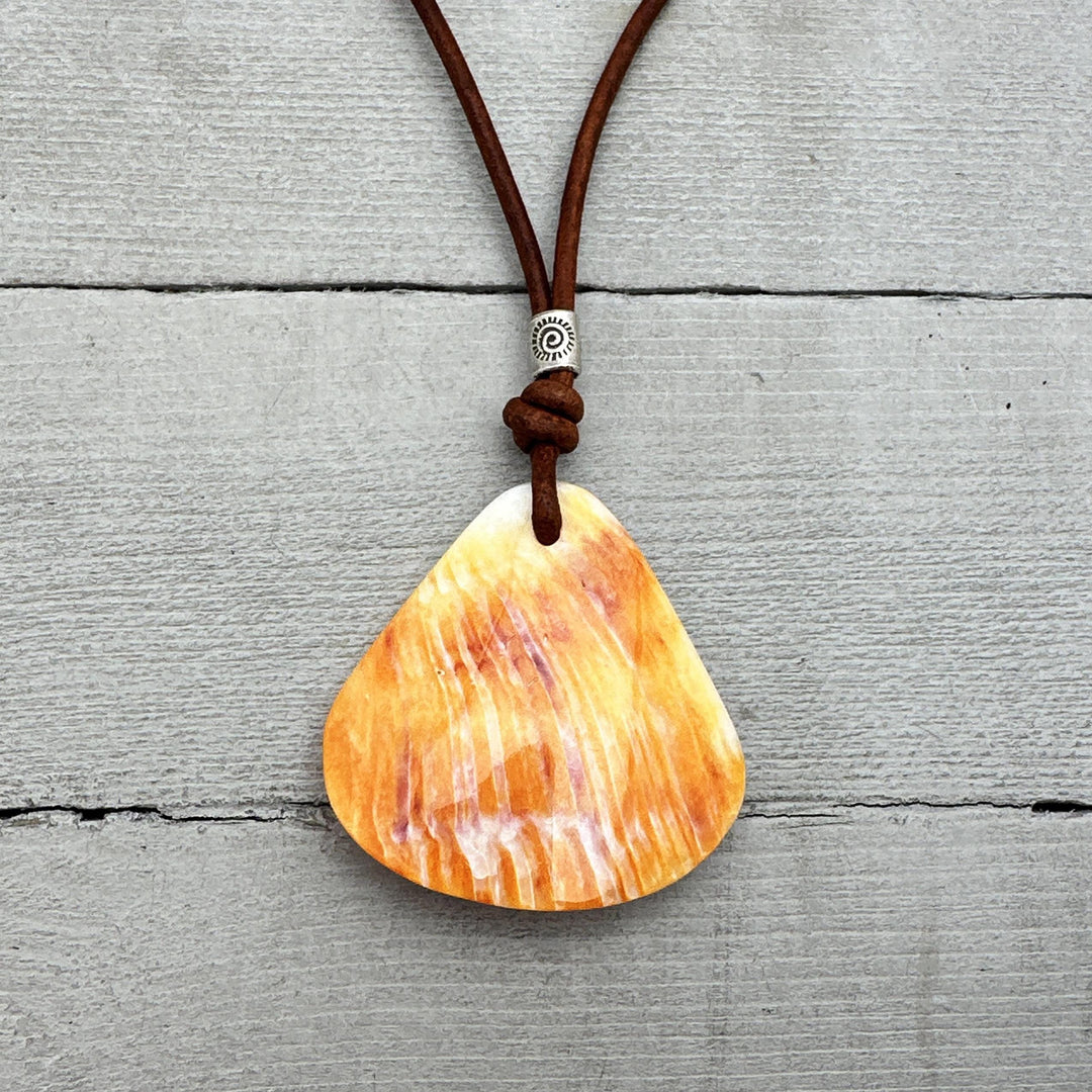 Beautiful Orange-Cream Spiny Oyster Shell, Thai Hill Tribe Silver and Leather Necklace - SunlightSilver