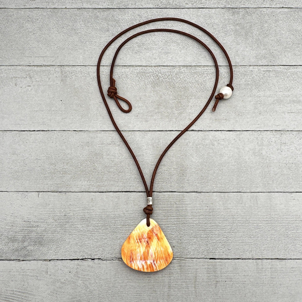 Beautiful Orange-Cream Spiny Oyster Shell, Thai Hill Tribe Silver and Leather Necklace - SunlightSilver