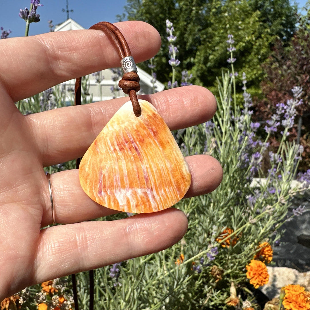 Beautiful Orange-Cream Spiny Oyster Shell, Thai Hill Tribe Silver and Leather Necklace - SunlightSilver