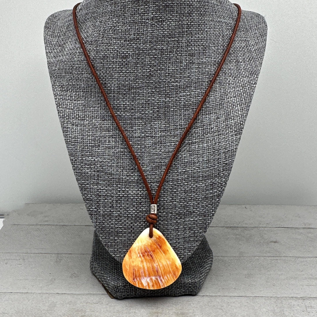 Beautiful Orange-Cream Spiny Oyster Shell, Thai Hill Tribe Silver and Leather Necklace - SunlightSilver