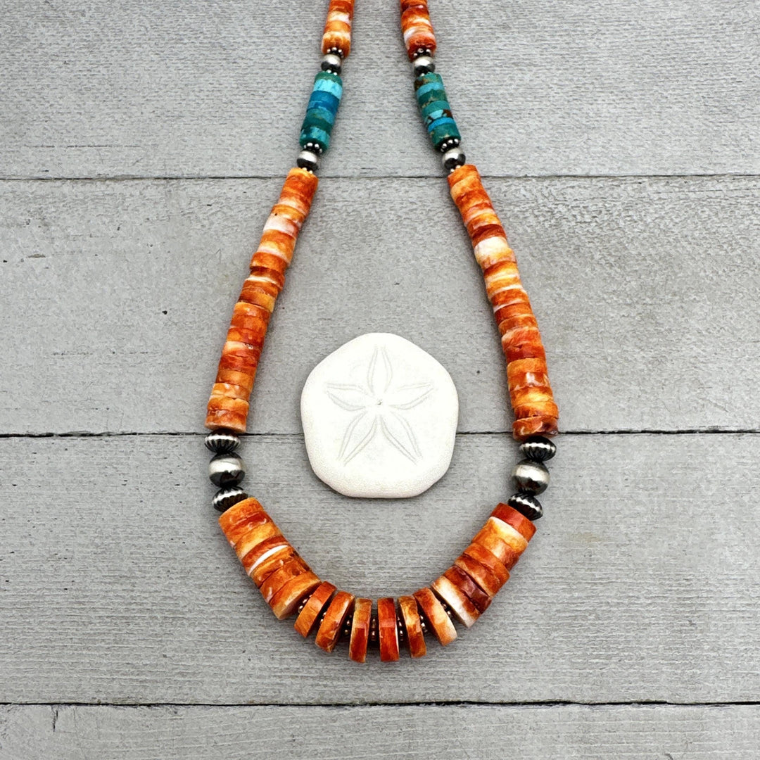 Orange Spiny Oyster, Kingman Turquoise, and Navajo Pearl Necklace. Solid 925 Sterling Silver - SunlightSilver