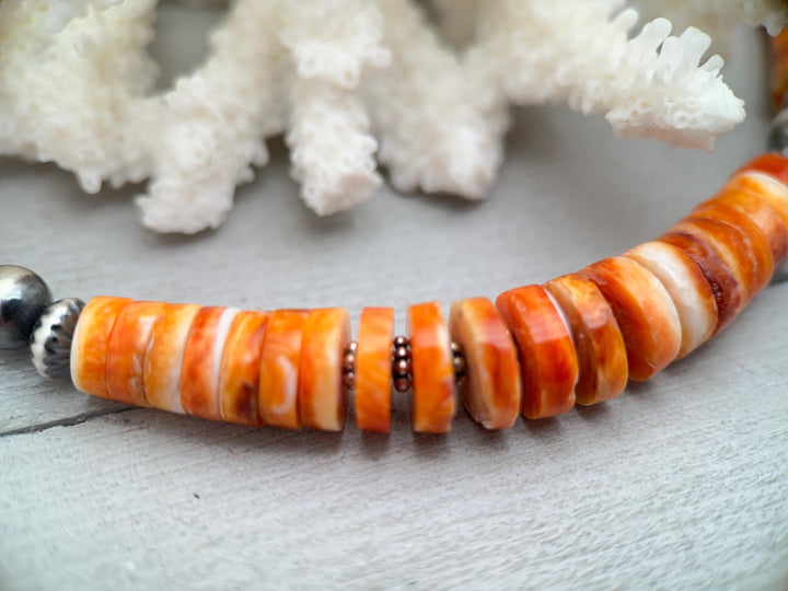 Orange Spiny Oyster, Kingman Turquoise, and Navajo Pearl Necklace. Solid 925 Sterling Silver - SunlightSilver