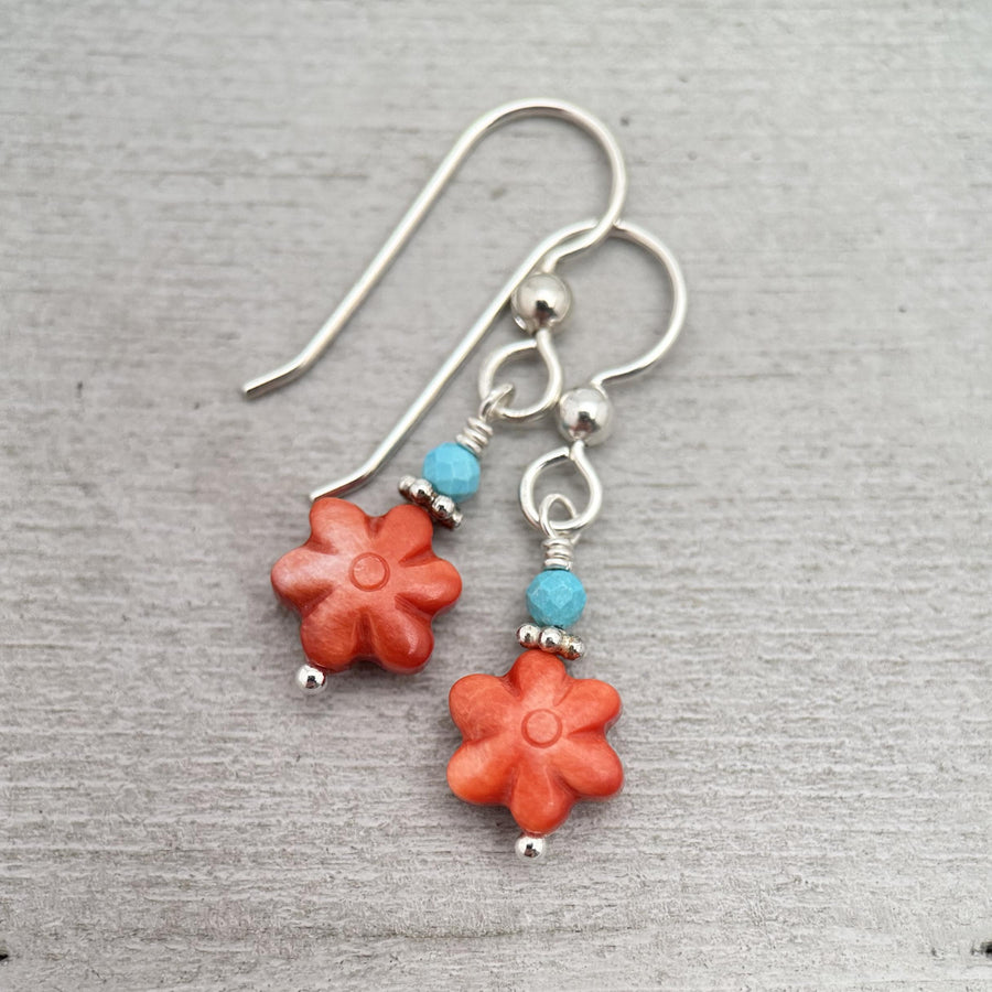 Small Red Spiny Oyster Shell Flower, Turquoise, and Sterling Silver Earrings - SunlightSilver