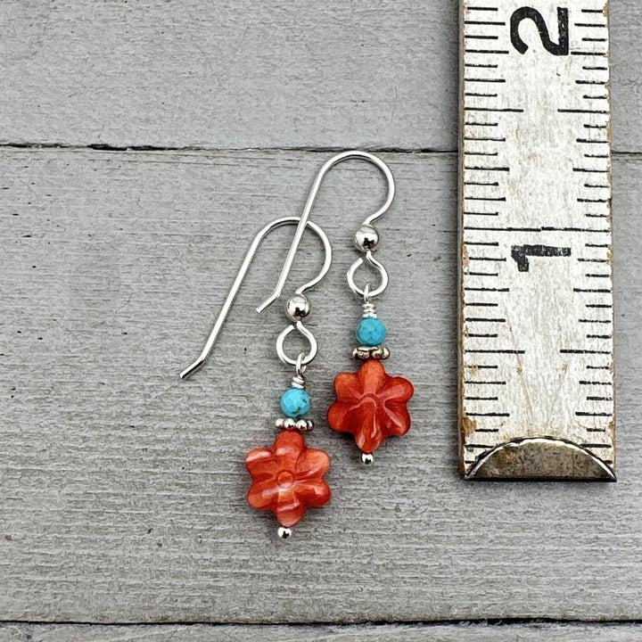 Small Red Spiny Oyster Shell Flower, Turquoise, and Sterling Silver Earrings - SunlightSilver